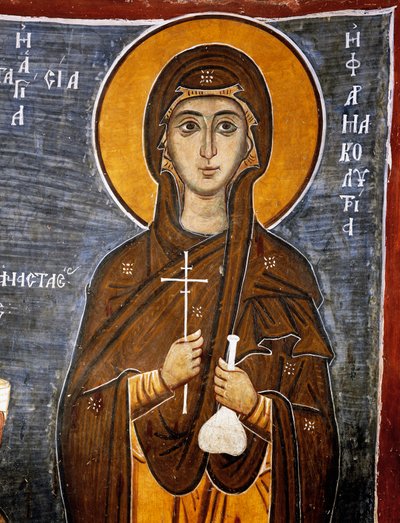 Svatá Anastázie, léčitelka koní s lahví léků a křížem, byzantský kostel Panny Marie z Asinou (12. století) (Seznam světového dědictví UNESCO, 2001), pohoří Troodos, Kypr, Detail od Unknown artist