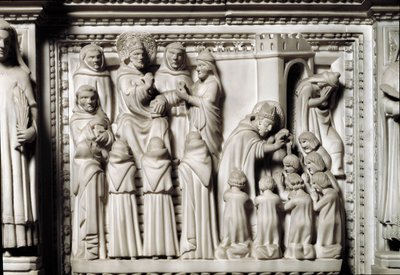 Archa sv. Augustina s ostatky světce, detail reliéfu znázorňující disputaci a křest sv. Augustina. Mramorová socha od Unknown artist