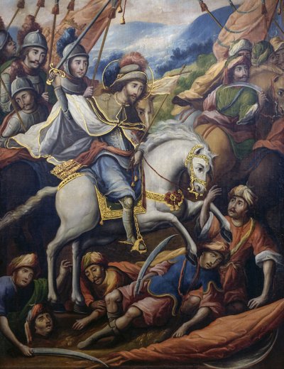 Svatý Jakub na koni zabíjející Maury, detail z Paravento della conquista (Obrazovka dobývání), olej na plátně od neznámého umělce 17. století, 213x550 cm, Mexiko od Unknown artist