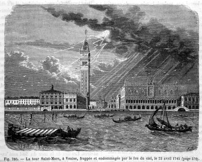 Věž svatého Marka v Benátkách zasažena a poškozena požárem oblohy dne 23. dubna 1745 - v „The wonders of science““ od Louise Figuiera od Unknown artist