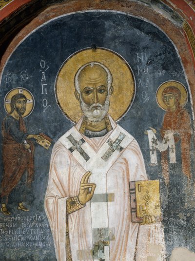 Svatý Mikuláš z Myry, freska (12. století), kostel Ayios Nikolaos tis Steyis (Svatý Mikuláš ze střechy) (11. století) (Seznam světového dědictví UNESCO, 2001), pohoří Troodos, Kypr od Unknown artist