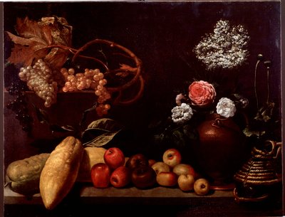 Zátiší s růžemi, keřovými květinami, citrony a hrozny (malba od Unknown artist