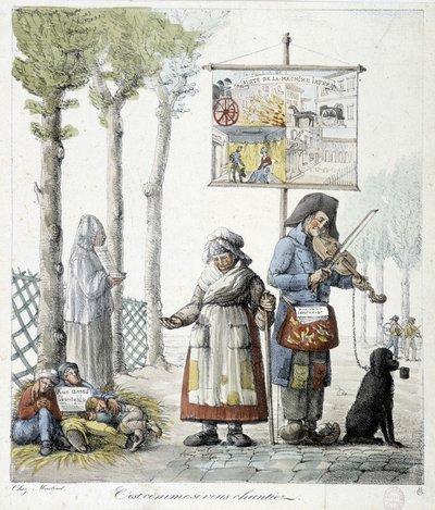 Pouliční hudebníci, žebrající děti - litografie od Unknown artist