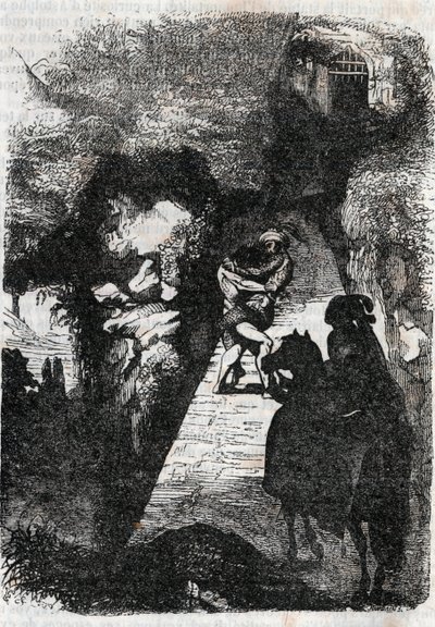 Zápas mezi Rolandem a Rodomontem – rytina z roku 1851 z „“Zuřivého Rolanda““ (Orlando furioso) (16. století) od Ludovica Ariosta, známého jako Ariosta – vydání přeložené z italštiny hrabětem z Tressanu a vydané Gustavem Harvardem 1851 od Unknown artist