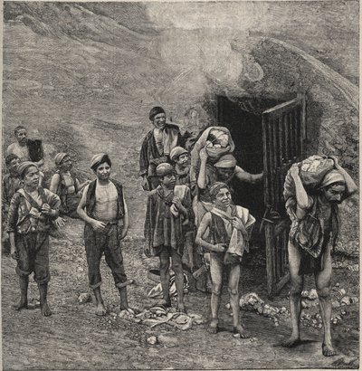 Těžba síry (Zolfara) na Sicílii, kresba od Unknown artist