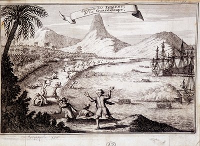 Překvapení indiánů při vylodění Kryštofa Kolumba na Guadeloupe (karavely) - rytina od Unknown artist