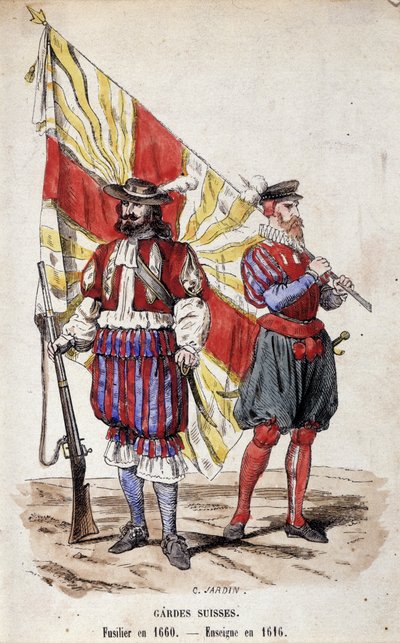 Švýcarská garda: střelec v roce 1660 a praporčík v roce 1616. od Unknown artist