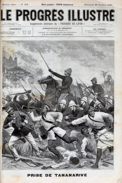 Obsazení Antananariva - Francouzská armáda napadla Antananarivo 1895 - Conquete de Madagaskar. - dobytí Tananarive francouzskými expedičními silami dne 30. září 1895 - rytina „“ Le Progres illustrious““ z roku 1895 od Unknown artist