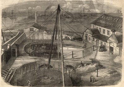 Telegrafie: Transatlantický kabel vyrobený ve sklárně Elliot and Company v East Greenwich (Anglie) je připraven k dodání. Rytina do „“The Illustrated London News““ ze 14. března od Unknown artist