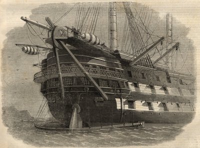 Telegrafie: pohled na záď lodi H.M.S. „Agamemnon““, který položí první transatlantický kabel. Rytina do „“The Illustrated London News““ z 5. června od Unknown artist
