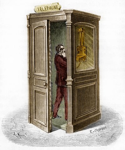 Telefonní budka v roce 1888. Rytina v „The Journal of Youth“ od Unknown artist