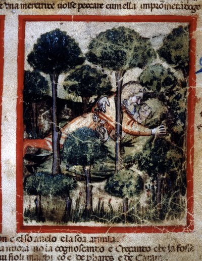 Thamar (Tamar) je posedlý Amnonem (Ammon) „Miniatura převzatá z kodexu 212 (nebo Padovano Codice nebo Bible z Padovy) 1390-1400 Rovigo, Accademia dei Concordi od Unknown artist