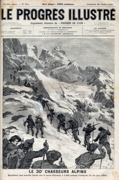 30. alpští lovci provádějící nucený pochod na hoře Pelvoux ve výšce 3400 metrů 21. až 24. června 1895 – rytina „Le Progres illustrious““ z roku 1895 od Unknown artist