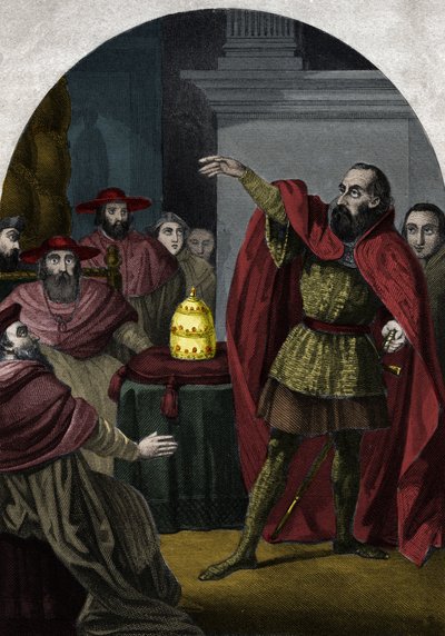 Antipapež Jan XXIII. (Antipapa Giovanni 23) (1410-1415) (Baldassarre Cossa) byl prohlášen suverénním pontifikem koncilem v Pise v roce 1410. Rytina z roku 1842 v „Histoire des Popes“ od Maurice Lachatre. Soukromá sbírka. od Unknown artist