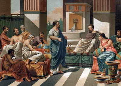 Banket Periandru (tyrana nebo krále Korintu) pro sedm mudrců z Řecka. zleva doprava: Bias, Esop, Anacharis, Kleobule, Solon, Pythagoras, Periander a jeho žena Melisse. Po „“ La Ciencia y sus Hombres od Louise Figuiera““. Barcelona 1 od Unknown artist