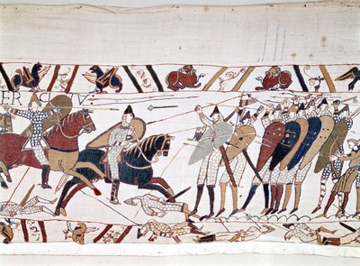 Bitva u Hastings, kterou vyhrál Vilém I. Dobyvatel (1027 - 1087) 14. 10. 1066 a během níž zemřel anglický král Harold II. (1022 - 1066). Tapisérie z Bayeux, známá jako Výšivka královny Mathildy od Unknown artist