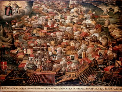Bitva u Lepante u řeckého pobřeží se v roce 1571 postavila proti španělským, benátským a papežským silám Osmanům. Anonymní obraz. 16. století. Benátské Museo Correr od Unknown artist