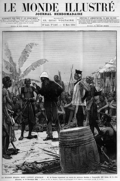 Mise Brazza v západní Africe: Pietro Paolo Savorgnan di Brazza nebo Pierre Paul Francois Camille Savorgnan de Brazza (1852-1905) organizující konvoj nosičů Batekes do Franceville (Gabon) 14. prosince od Unknown artist