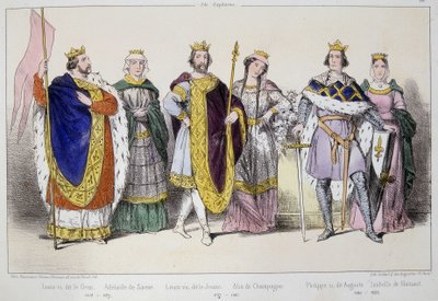 Kapetovci. Zleva doprava: Ludvík VI. říká Gros (1081 - 1137), Adelaide nebo Alix Savojský (? -1154), Ludvík VII. mladší (1120 - 1180), Alix ze Champagne (1140-1206), Filip II. Augustus (1165-1223) a Isabella z Hainaut (1170-1190). od Unknown artist