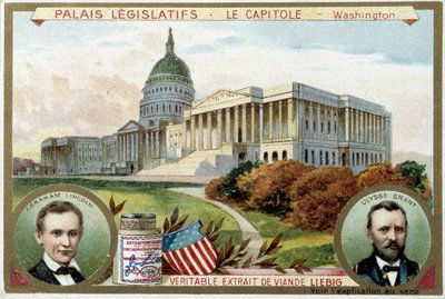 The Capitol, American Congress Palace, Washington (USA), s portréty Abrahama Lincolna (1809-1865) a Ulysses Grant (1822-1885) - Liebigova chromolitografie od Unknown artist