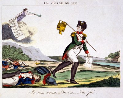 Cesar z roku 1815 - Přišel jsem, viděl jsem... Utekl jsem. Kreslený film o Napoleonovi I. prchajícím z bojiště, kde jsou rozprostřeni mrtví francouzští vojáci. Rytina 1815 – Napoleon Bonaparte (15. srpna 1769 – 5. května 1821) byl francouzský vojenský a po od Unknown artist