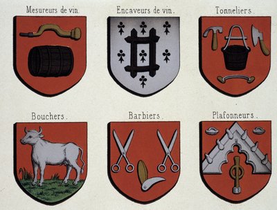 Erby Gentu (vzorek erbů středověku): Vinotéky, jeskyňáři, bednáři, řezníci, holiči, stropníci od Unknown artist
