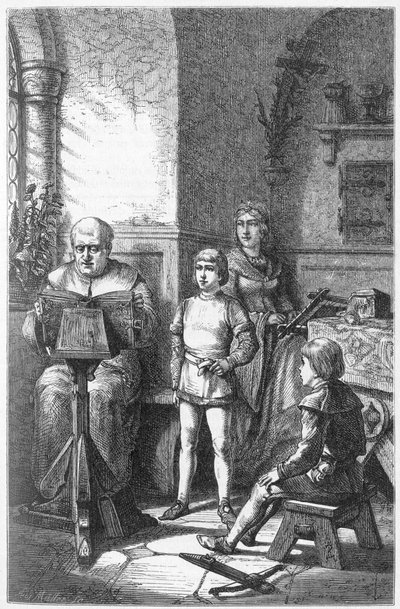 Constance Eveque čte německou historii v Conradovi, známém jako Conradin de Hohenstaufen (1252-1268) a Frederic I. Baden-Baden ((Friedrich I von Baden-Baden od Unknown artist