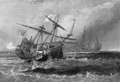 Corbin prohrál na útesu na Maledivách 1. července 1602. V „Obecné historii námořnictva“ od Van Tenaca od Unknown artist