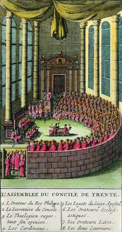Tridentský koncil. Ilustrace s popisem členů přítomných na shromáždění. Tridentský koncil svolal papež Pavel III. (zástupce římskokatolické církve) v roce 1545 v reakci na žádost Martina Luthera v roce 1545. od Unknown artist