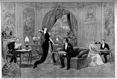 Hrabě z Riverolles, Francine, Stanislas de Grandredon, Therese Smith a Henri de Simeux, postavy hry „“ Francillon“, komedie Alexandra Dumase (1824-1895) hrané v Comedie-Francaise (1887) v Paříži. Rytina „“ Le monde illustriou od Unknown artist