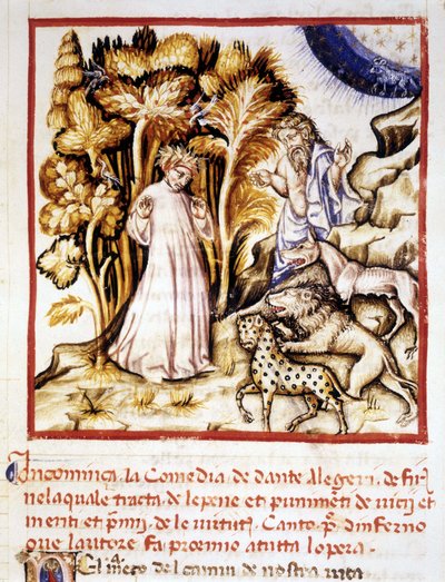 Božská komedie Dante Alighieri. Miniatura zobrazující Danteho, Vergilia a tři zvířata. Rukopis 14. století. Městská bibli. z Rimini. od Unknown artist