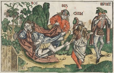 The Drunkenness of Noah, c.1483-95 (ručně kolorovaný dřevoryt) od Unknown artist