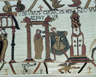 Vévoda z Normandie Vilém Dobyvatel (1027-1087) slibuje svou dceru Aelfgyve Haroldovi k sňatku Vlevo dole, znázornění nahého muže. Detail tapisérie z Bayeux nebo výšivky královny Mathildy od Unknown artist