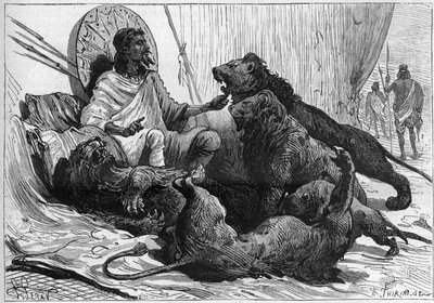 Císař (ras) Theodoros Habešský obklopuje své lvy. V „Přírodě“ z roku 1888. od Unknown artist