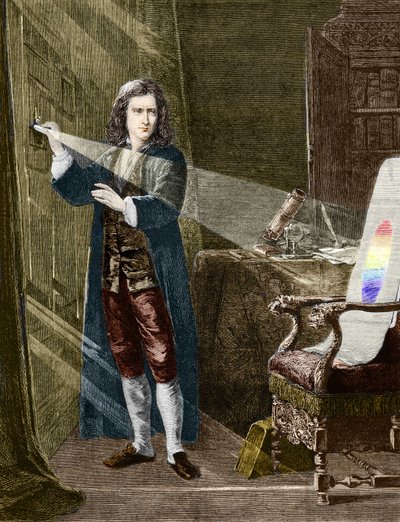 Anglický fyzik Isaac Newton (1642-1727) rozkládající světlo pomocí skleněného hranolu. Rytina z roku 1880. od Unknown artist