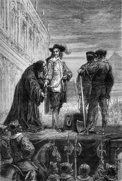 Poprava krále Karla Prvního - Poprava anglického krále Karla I. Stuarta (1600-1649) a Whitehall - Král předá svůj náhrdelník předvečeru se slovy „“Pamatuj si““ – rytina v „Historie Anglie, z Most Retarse Times““ od od Unknown artist