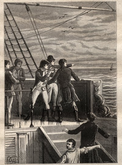 Výprava do jižních zemí (1800-1803) od Nicolase Baudina (1754-1803): námořníci z New Holland (Austrálie) hlásí závoj na obzoru - ilustrace převzatá z „Velkých námořníků 18. století“ od Unknown artist