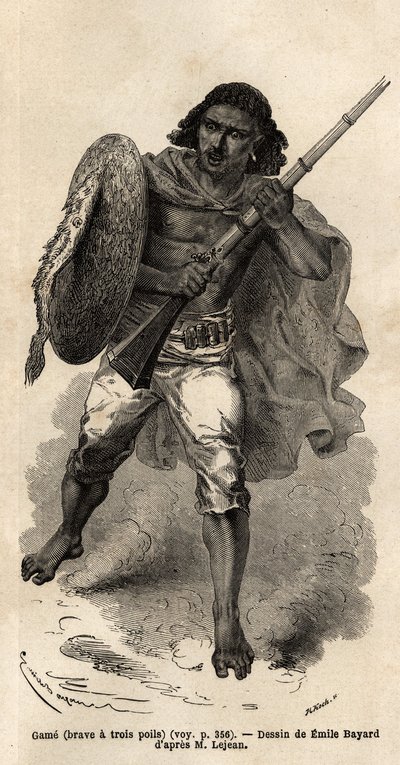 Hra, neboli statečný má tři vlasy, habešský voják. Rytina pro ilustraci cesty do Habeše, v roce 1862 od Guillauma Lejeana, v „Le tour du monde, nouveau journal des voyages““ vydaném pod vedením Edouarda Chartona od Unknown artist