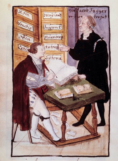 Německý bankéř Jacob Fugger (1459-1525) ve své kanceláři (Goldene Schreibstube) se svým německým účetním Matthausem Schwarzem (1497-kolem 1574) Akvarel 16. stol. BN, Paříž od Unknown artist