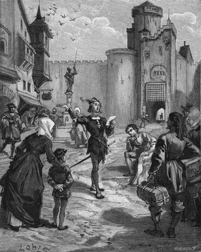 Německý rytíř, básník a humanista Ulrich von Hutten (1488-1523) prohlašuje na ulici jednu ze svých básní. Rytina 19. století. V „Histoire de France“ od Julese Micheleta od Unknown artist