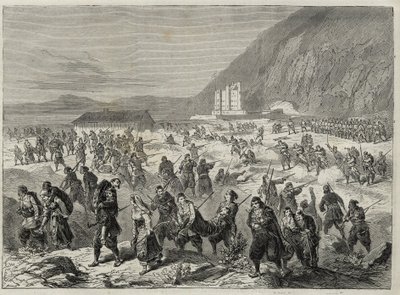 Povstání v Dalmácii (Bocche di Cattaro) - povstání proti branné povinnosti nařízené rakouskou vládou - AKCE DALMATIE. POVSTÁVÁNÍ DOBYTÍCÍ STÁTNÍ PEVNOST TRINITA, U CATARO (Bouches of Kotor) - Boka Kotorská - 1869 - od Unknown artist
