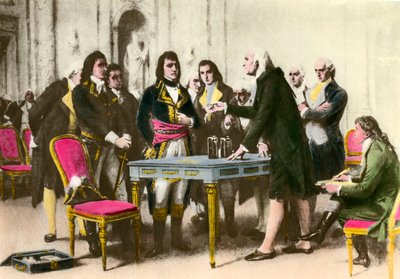 Italský fyzik Alessandro (Alexandre) Volta (1745-1827) předkládá svou hromadu Napoleonu Bonapartovi. 1801 Soukromá sbírka od Unknown artist