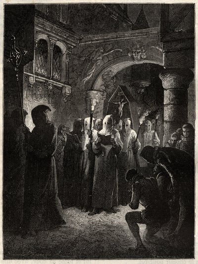 Francouzský král Jindřich III. (1551-1589) v bílém kajícném obleku”” Průvod Confrerie ustanovený králem 23.3.1585 (francouzský král Jindřich III. v bílém kajícném průvodu) od Unknown artist