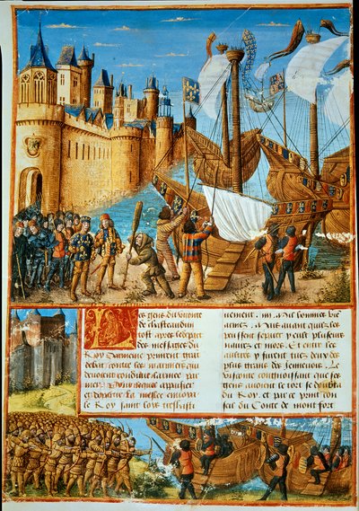 Francouzský král Ludvík IX. (Saint Louis) (1214-1270) se vydává na sedmou křížovou výpravu. Miniatura převzata z „Pasáže, které Francouzi udělali v Zámoří proti Turkům a dalším Saracénům a Moures Outremarine“ od Sebastiena Mamerota od Unknown artist