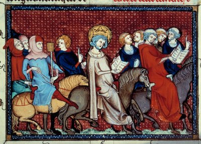 Francouzský král Ludvík IX. (Saint Louis) (1214-1270) nechal koně vyprávět své hodiny svým miniaturním kaplanům z rukopisu „Život a zázraky svatého Ludvíka““ od Viléma ze Saint Pathus. od Unknown artist