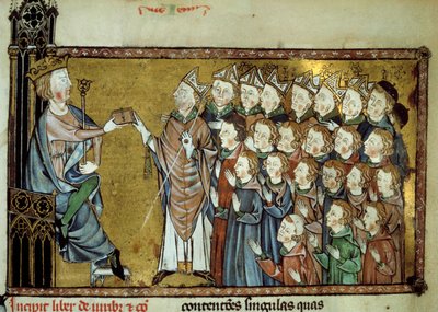 Francouzský král Ludvík X. Hutin (1289-1316) předal 19. 3. 1315 Listinu Normanům, čímž si vévodce z Normandie představoval větší nezávislost a méně daní. Miniatura z rukopisu ze 14. století od Unknown artist