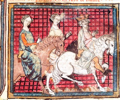 Král franků Chilperic I (543-597) a Fredegonde miniatura koně z „“Grandes Chronicles de France”” 1375-1379 Městská knihovna, Castres od Unknown artist