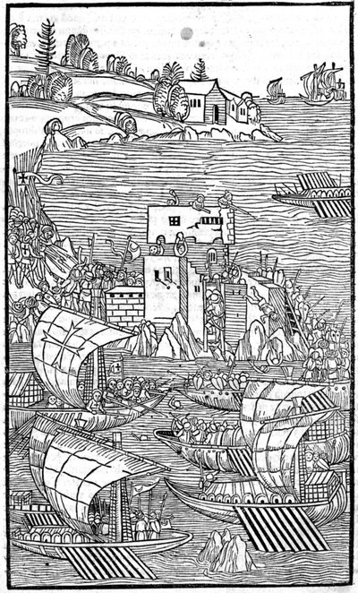 Rhodští rytíři (Řád johanitů sv. Jana Jeruzalémského) útočící na Rhode Island v „“Rhodiorum Historia““ od Guilelmuse Caorsina, Ulmae, Joh. Reger 24. října od Unknown artist