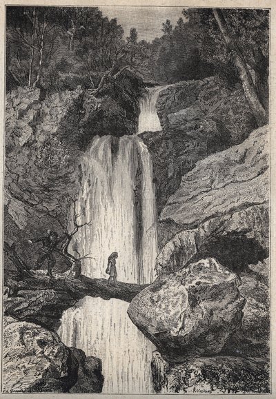 Vodopád Linklater – ilustrace z 19. století k historickému románu „The Puritans of Scotland“ (Stará smrtelnost) od Waltera Scotta (1771-1832) od Unknown artist