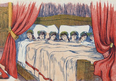 Malý palec a jeho bratři spí s korunou v hlavě. Ilustrace k „“Le Pepetit poucet“, příběh Charlese Perraulta (1628-1703), francouzského spisovatele. Anonymní ilustrace. Snímky Marcel Vagne, Jarville Nancy, nedatováno (konec 19. století). od Unknown artist